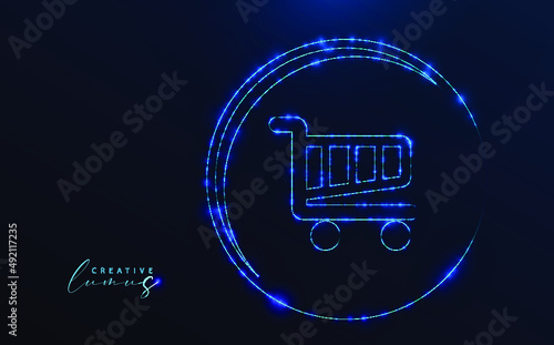 Starry shopping cart icon vector. Trolley stilized trendy on blue background. Neon star light in the universe.  Technological symbol, Holographic style. photo