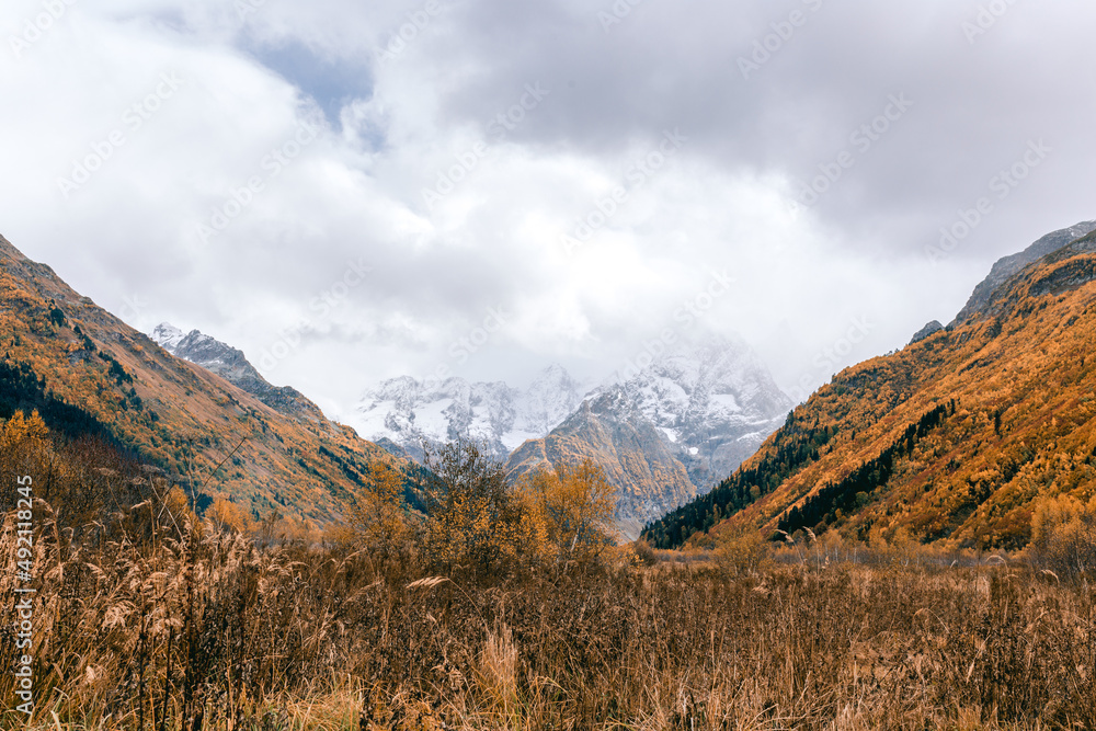 Beautiful mountain landscape. Autumn Dombai. Karachay-Cherkessia