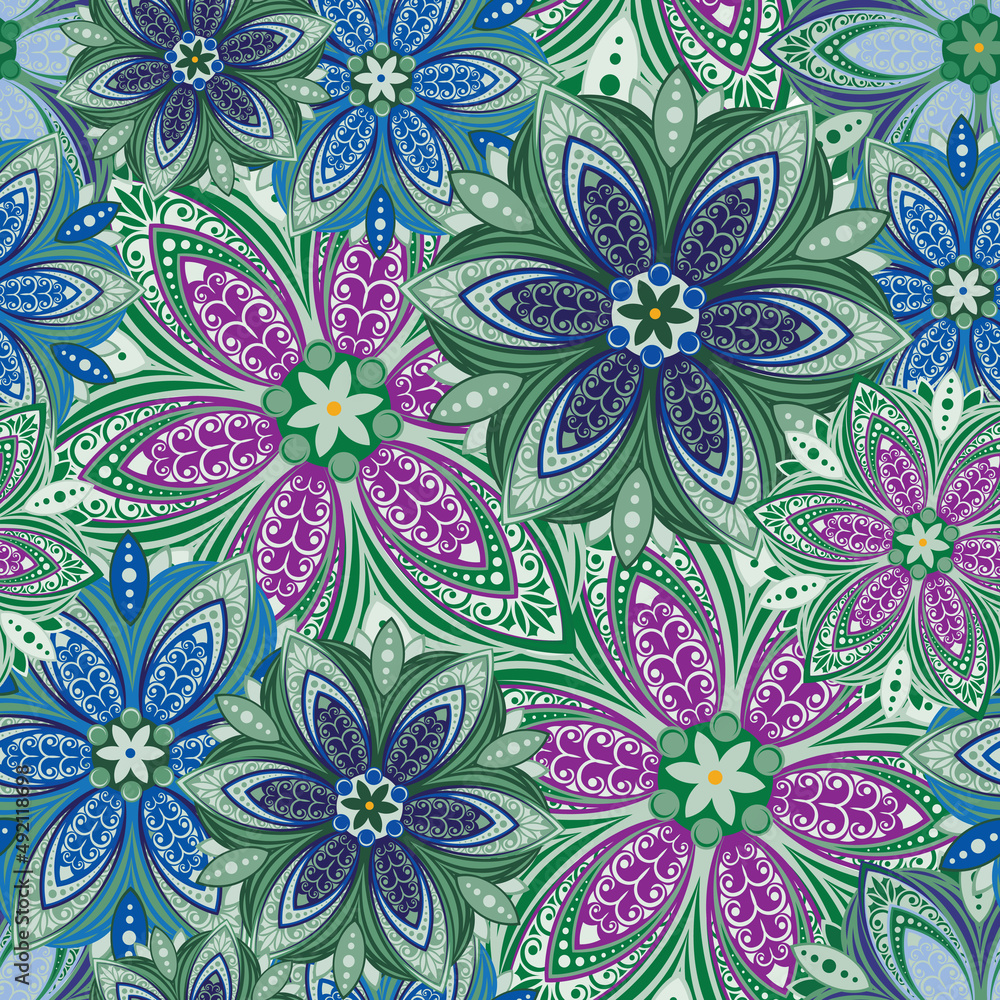 Flowers. Seamless pattern with decorative stylized blooming flowers. Vector image.