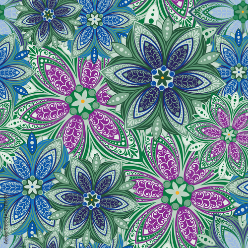 Flowers. Seamless pattern with decorative stylized blooming flowers. Vector image.
