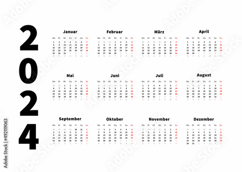 2024 year simple horizontal calendar in german language, typographic calendar isolated on white