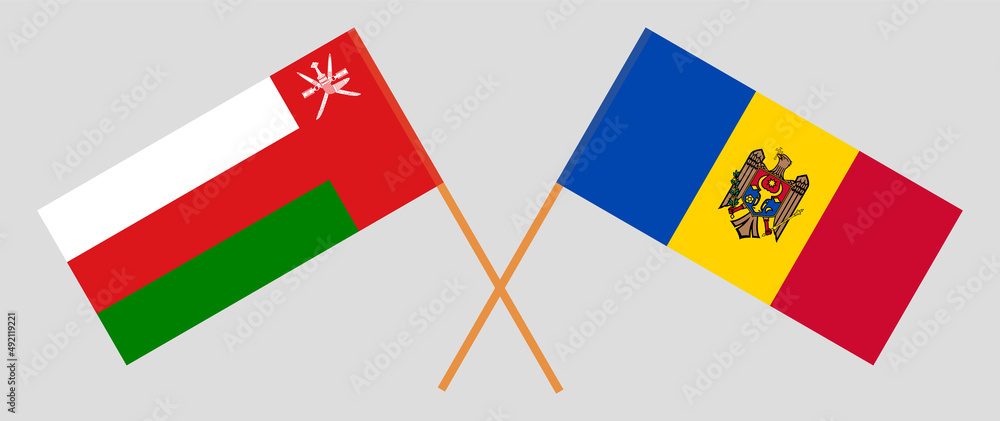 Crossed flags of Oman and Moldova. Official colors. Correct proportion