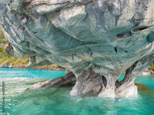 Stunning Marble Caves, Marble Chapel, and Marble Cathedral near Puerto Río Tranquilo on the shores of the General Carrera Lake, Chile.