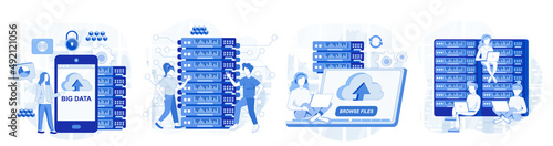 Big data concept. Data analysis. Data science and jobs. Developer career. Tiny people data engineers. Screen template for landing page, template, ui, web, mobile app, poster, banner, flyer. Vector 