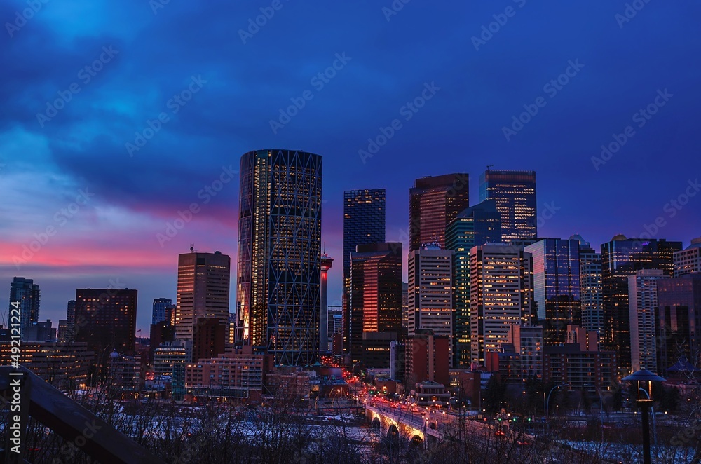 Calgary Skyline And Roads Under A Sunrise Sky