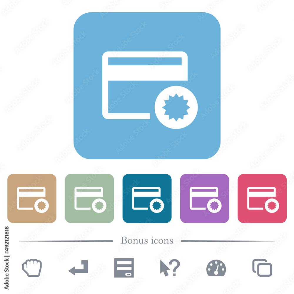 Credit card certified service provider flat icons on color rounded square backgrounds Credit card certified service provider flat icons on color rounded square backgrounds