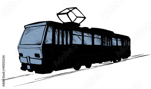 Tram rides on rails. Vector drawing