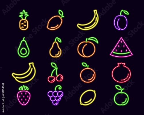 Neon fruits line art. Glowing ripe grape with pear and tropical mango. Fresh grapes with sweet strawberry and appetizing vector peach