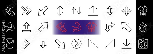 Set of line arrows, directions, arrows, contains icons such as pause, continuation, directly, to the right, Editable stroke. 480x480, On a white background, Vector illustration