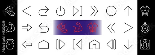 Set of line arrows, directions, arrows, contains icons such as pause, continuation, directly, to the right, Editable stroke. 480x480, On a white background, Vector illustration
