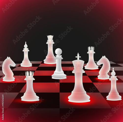 illustration red chess king,knight,bishop,queen surrounding a pawn on chess board.solders surrounding common people