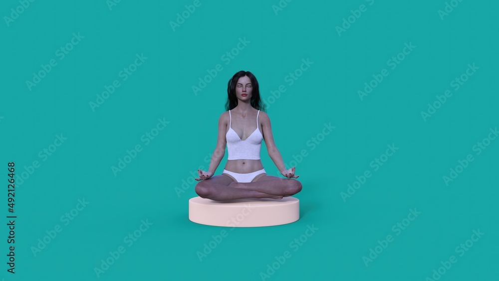 young beautiful woman meditates on a colored background 3D illustration