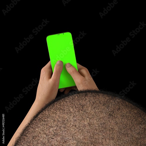 adult man in tilk poses from mobile phone in hand, 3D illustration photo