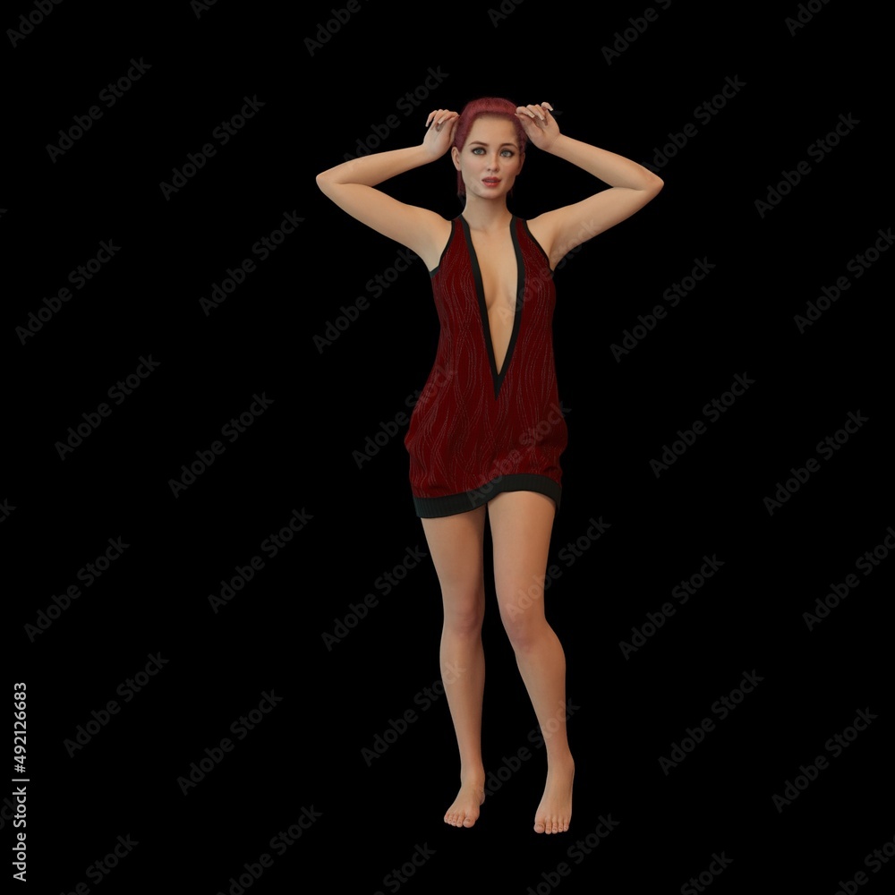 gorgeous adult female fashion model with red hair poses on white background, 3D illustration. gorgeous adult female fashion model with red hair poses on white background, 3D illustration.
