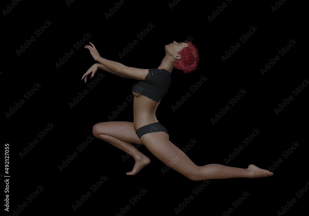 beautiful mature woman with short red hair and torn black shirt and in panties poses on a dark background, 3D illustration