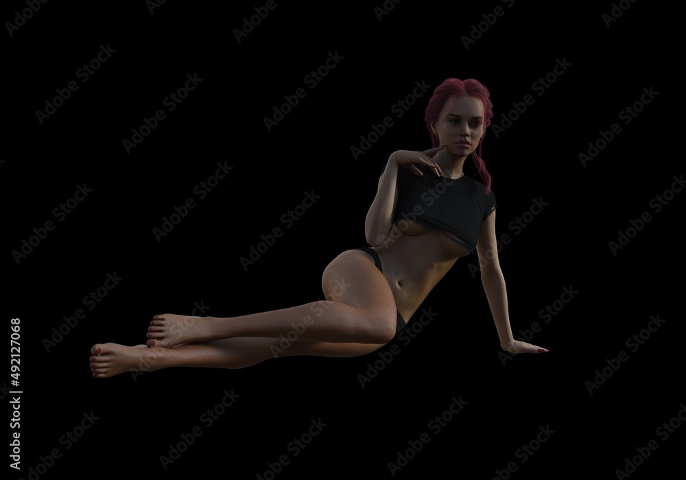 beautiful mature woman with short red hair and torn black shirt and in panties poses on a dark background, 3D illustration beautiful mature woman with short red hair and torn black shirt and in panties poses on a dark background, 3D illustration