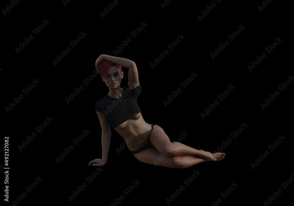 Obraz premium beautiful mature woman with short red hair and torn black shirt and in panties poses on a dark background, 3D illustration