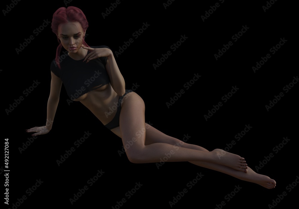 beautiful mature woman with short red hair and torn black shirt and in panties poses on a dark background, 3D illustration