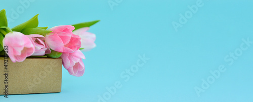 Banner whitg spring flowers. Pink tulips on a box. Congratulation.The concept of spring gifts and holidays © Ирина Старикова