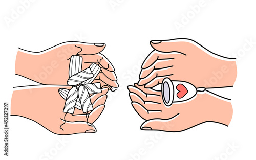 Menstrual cup and tampon in hand to collect blood while menstruation period. Feminine personal hygiene zero waste device vector illustration