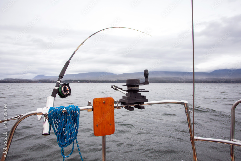 A rod holder and manual down rigger is rail mounted in the cockpit of a
