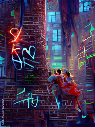 A 3d digital rendering of a city alley with people dancing and colorful neon lights.