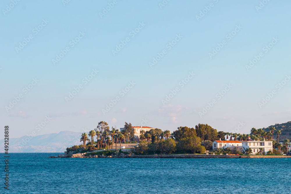 Datça Peninsula in Turkey. Blue sea. Coastal area. Green trees and white houses. Touristic area.