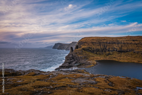 Sorvagsvatn or Leitisvatn lake in the island of Vagar. Faroe Islands. November 2021.