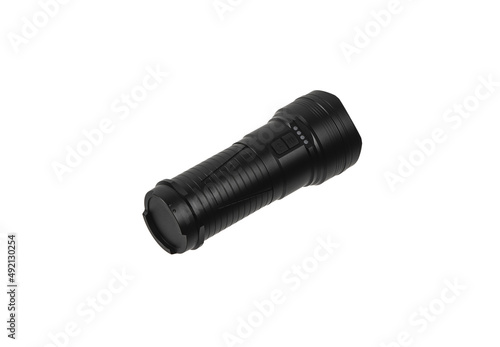 Black metal LED flashlight isolate on a white back. Pocket lamp for dark time of day or dark rooms.