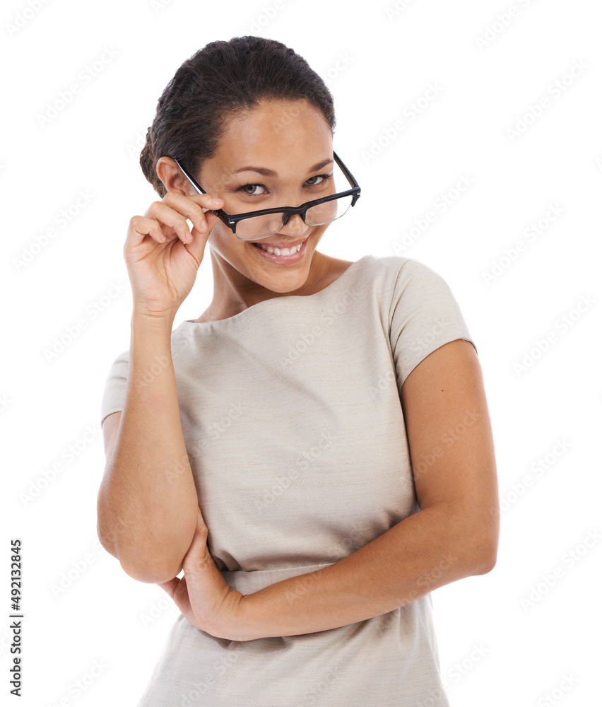 Youve got some good ideas. Studio portrait of a businesswoman wearing glasses isolated on white. Youve got some good ideas. Studio portrait of a businesswoman wearing glasses isolated on white.