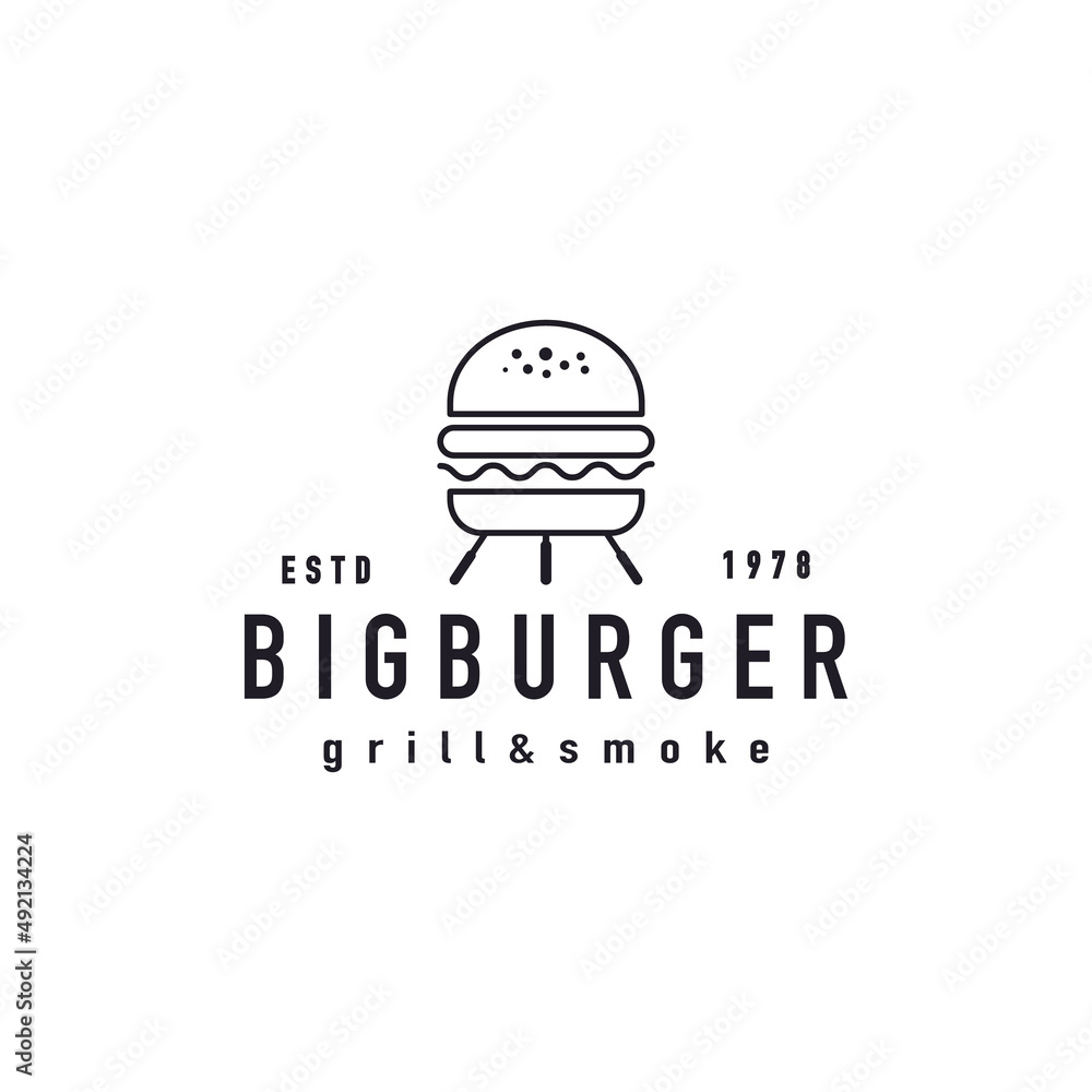 Grilled burger with kettle charcoal grill melted cheese logo design Grilled burger with kettle charcoal grill melted cheese logo design