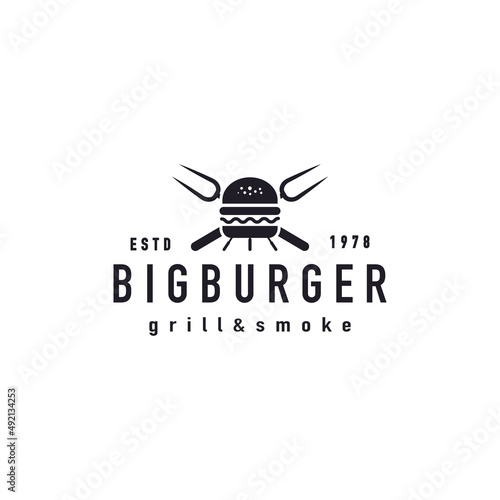Grilled burger with kettle charcoal grill melted cheese logo design
