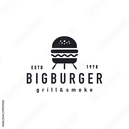 Grilled burger with kettle charcoal grill melted cheese logo design