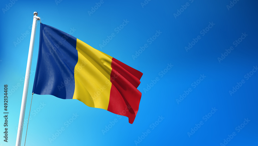 Romanian Flag Flying on Blue Sky Background 3D Render Romanian Flag Flying on Blue Sky Background 3D Render