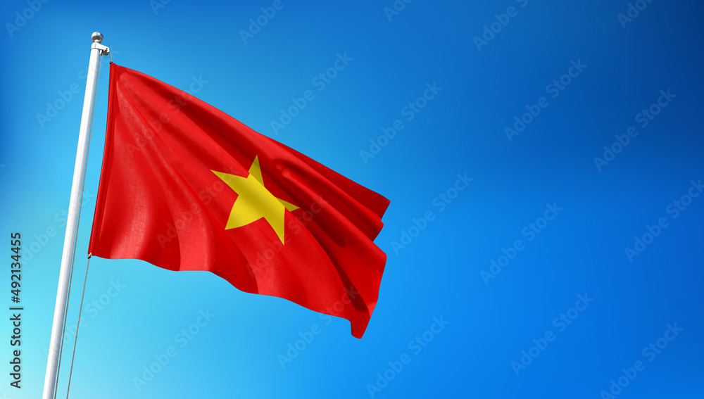 Vietnam Flag Flying on Blue Sky Background 3D Render Vietnam Flag Flying on Blue Sky Background 3D Render