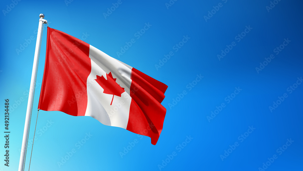 Naklejka premium Canadian Flag Flying on Blue Sky Background 3D Render