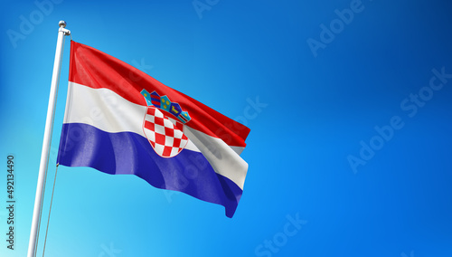 Croatian Flag Flying on Blue Sky Background 3D Render