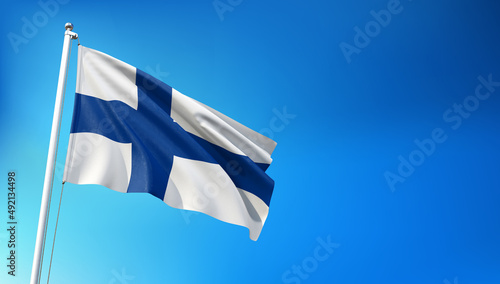 Finland Flag Flying on Blue Sky Background 3D Render