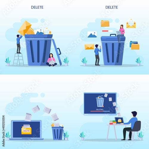 Delete concept. deleting data and move unnecessary files to the trash bin. illustration vector	
