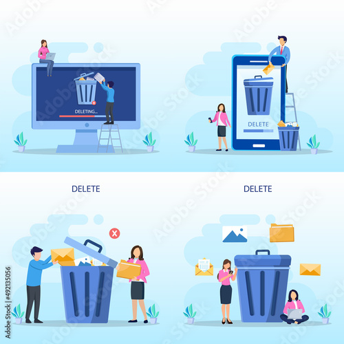 Delete concept. deleting data and move unnecessary files to the trash bin. illustration vector	