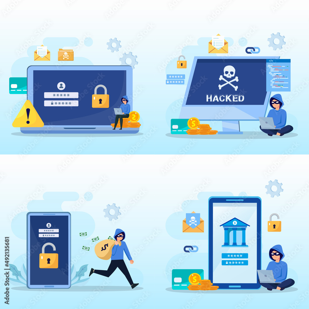 Concept of hacker attack, personal privacy data, hacking and stealing email and money Vector Concept of hacker attack, personal privacy data, hacking and stealing email and money Vector