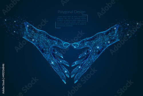 Abstract isolated image of human hand of partnership of people. Polygonal low poly style illustration looks like stars in the blask night sky in spase or flying glass shards.