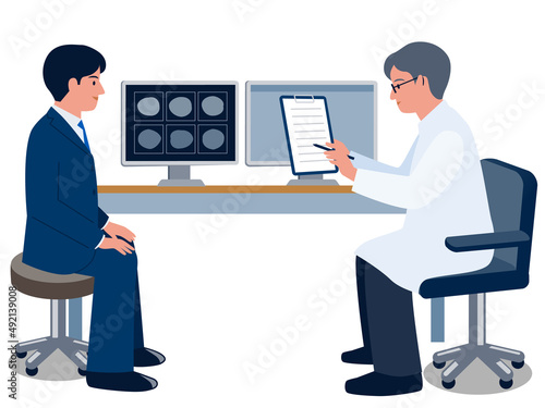 医師の診察を受ける若い会社員男性のベクターイラスト