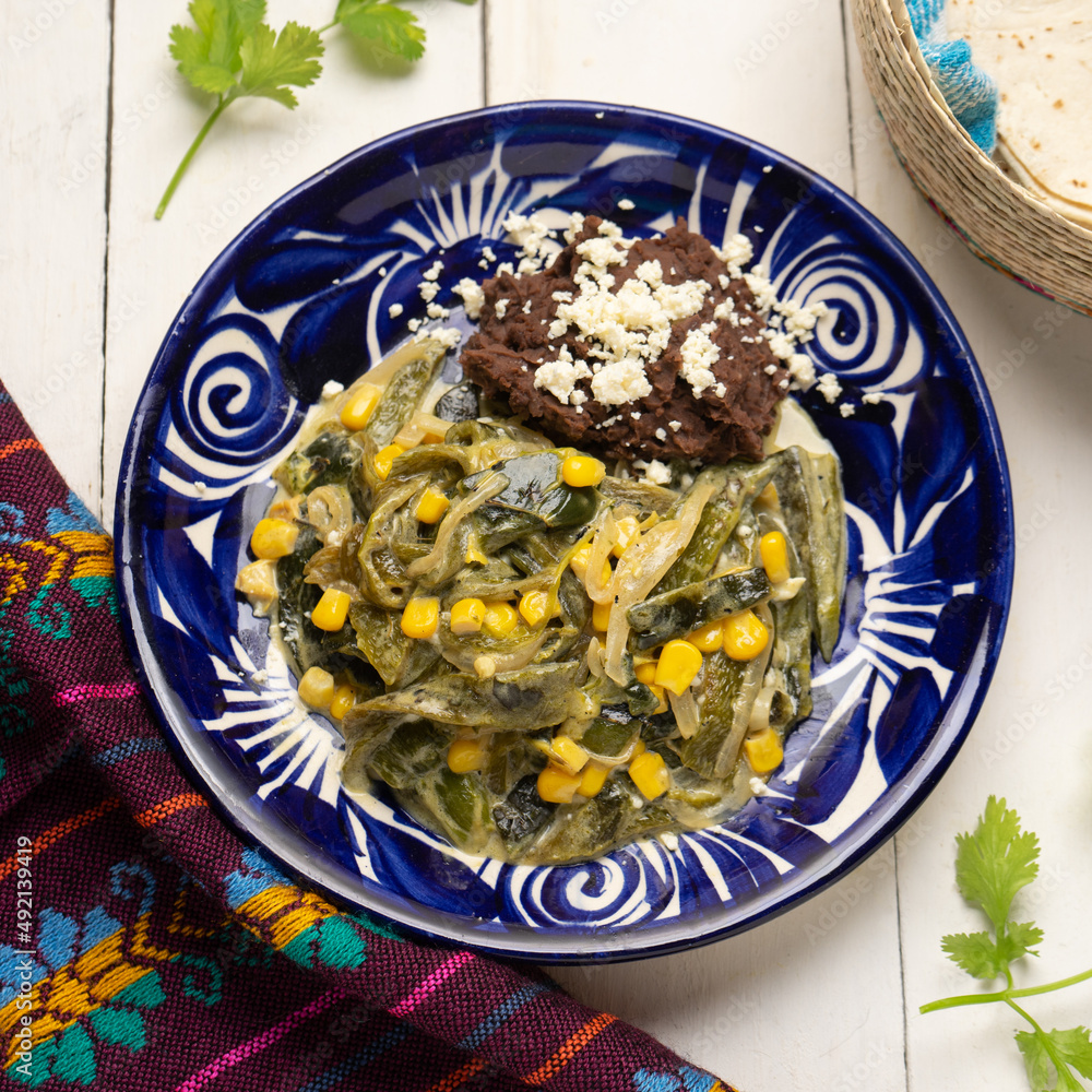 Poblano pepper rajas with cream sauce. Mexican food Poblano pepper rajas with cream sauce. Mexican food