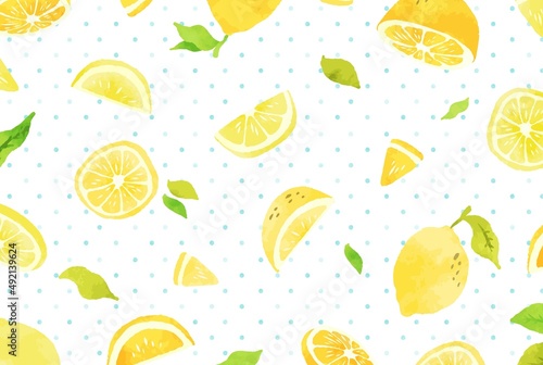 Fototapeta Naklejka Na Ścianę i Meble -  可愛い手描きのレモンと水玉模様の背景イラスト
