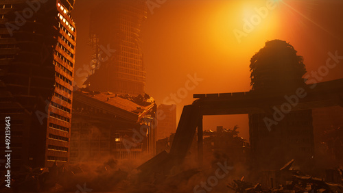 Post-Apocalyptic Urban Wasteland. Atmospheric Warfare concept. photo