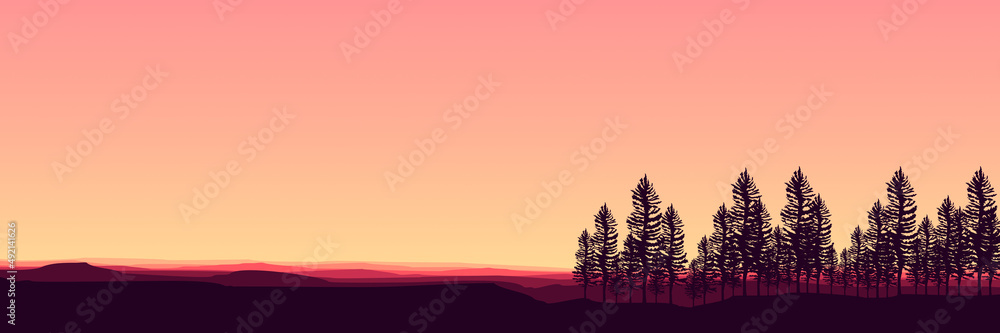 landscape with pine tree silhouette flat design vector banner template good for web banner, ads banner, tourism banner, wallpaper, background template, and adventure design backdrop