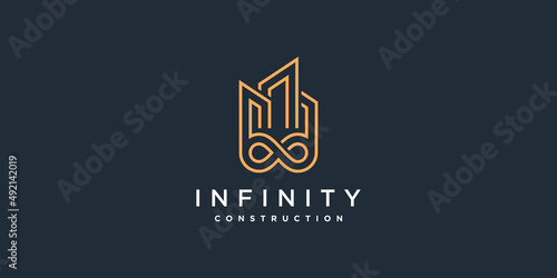 Building logo design with creative infinity element concept Premium Vector