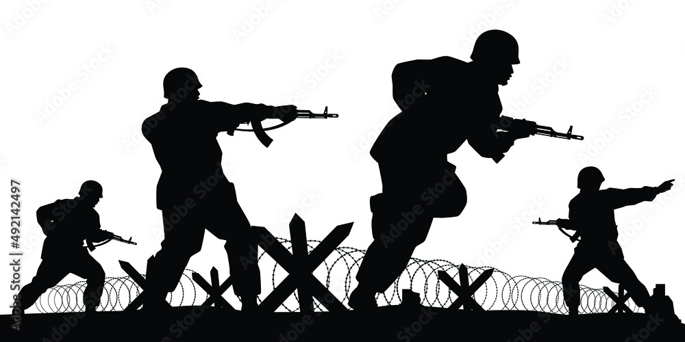 Obraz premium Soldiers troop with rifle gun in war silhouette vector, illustration for your background design, military man in the battle.