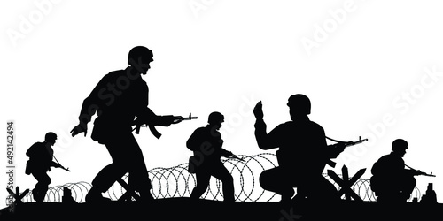 Soldiers troop with rifle gun in war silhouette vector, illustration for your background design, military man in the battle.
